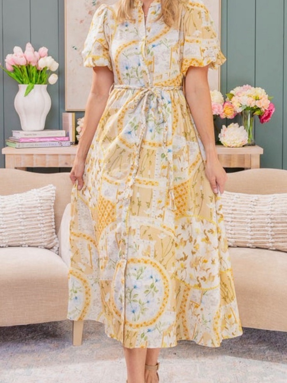 Rokoko Women's Yellow Floral Button-Front Midi Dress Sz S